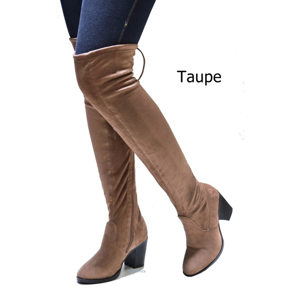 New Taupe Over the Knee Faux Suede Drawstring Boot - Picture 2 of 2